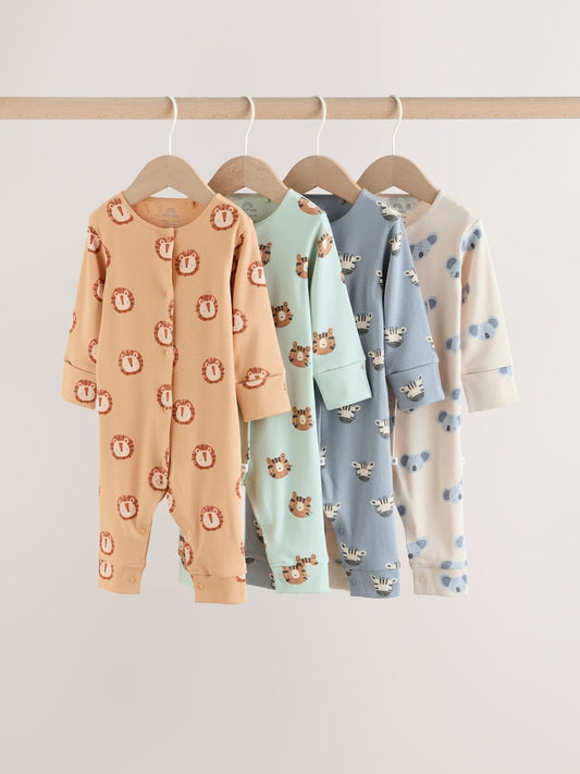 Multi Safari Animal Baby Sleepsuits 4 Pack (0mths-3yrs)
