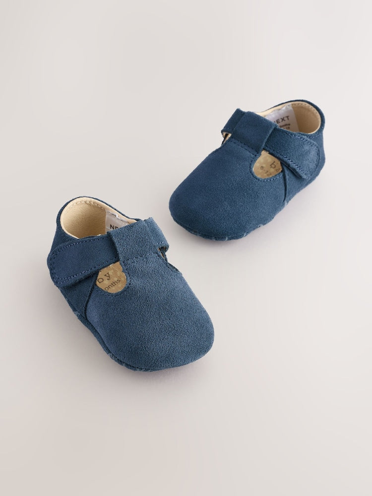 Navy Suede Leather Baby T-Bar Shoes (0-24mths)