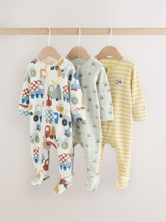 Multi Transport Two Way Zip Baby Sleepsuits 3 Pack (0mths-2yrs)
