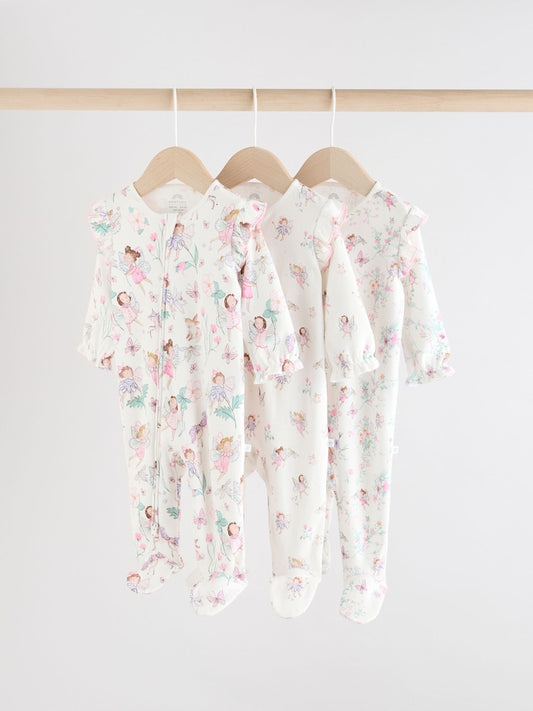 Ecru Fairy Two Way Zip Baby Sleepsuits 3 Pack (0-2yrs)