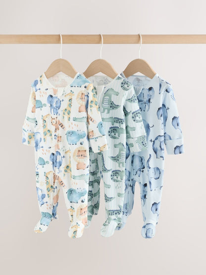 Blue Safari Two Way Zip Baby Sleepsuits 3 Pack (0mths-2yrs)
