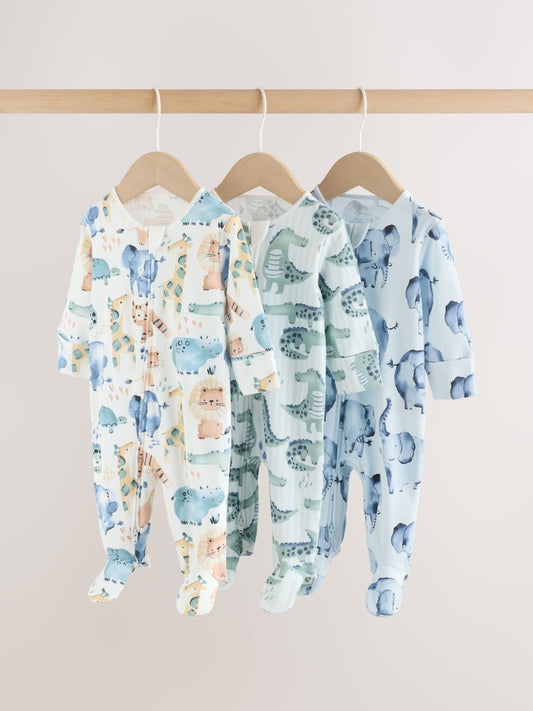 Blue Safari Two Way Zip Baby Sleepsuits 3 Pack (0mths-2yrs)