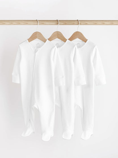 White Essential Zipped 100% Cotton Baby Sleepsuits 3 Pack