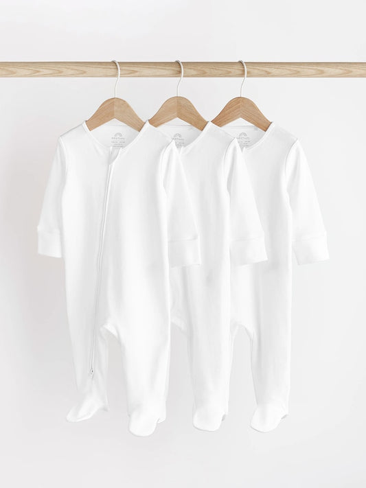White Essential Zipped 100% Cotton Baby Sleepsuits 3 Pack