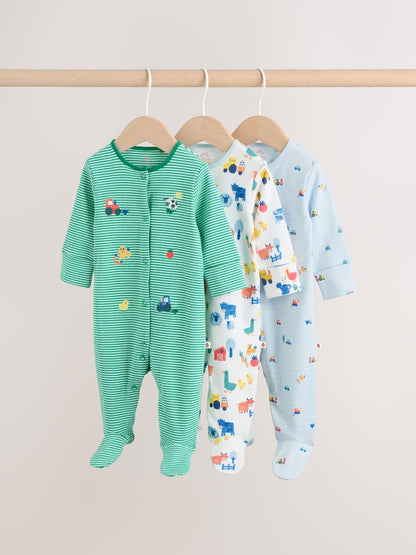 Multi Farm 3 Pack Baby Sleepsuits (0mths-2yrs)
