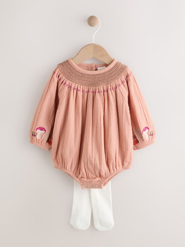 Tan Brown Embroidered Baby Bloomer Rompers Set 2 Piece with Tights (0mths-3yrs)