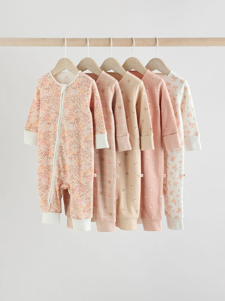 Neutral 5 Pack Two Way Zip Baby Sleepsuits (0mths-3yrs)
