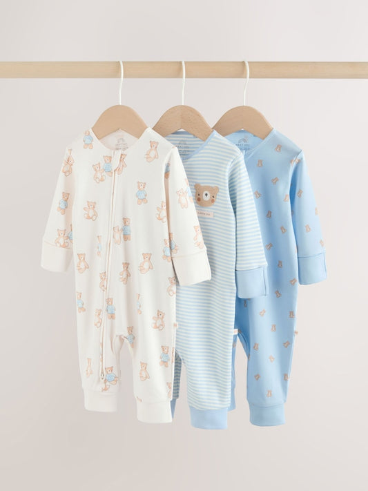 Blue Bear Two Way Zip Baby Sleepsuits 3 Pack (0mths-3yrs)