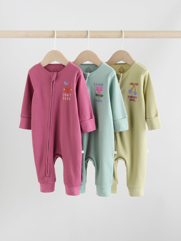 Multi Flower Two Way Zip Baby Sleepsuits 3 Pack (0mths-3yrs)