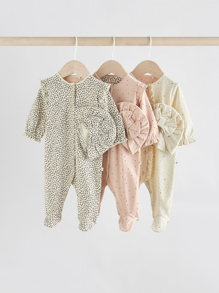 Pink 3 Pack Baby Sleepsuits with Matching Turbans (0mths-2yrs)