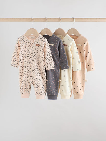 Monochrome Leopard And Cherry Print Two Way Zip Baby Sleepsuits 4 Pack (0mths-3yrs)
