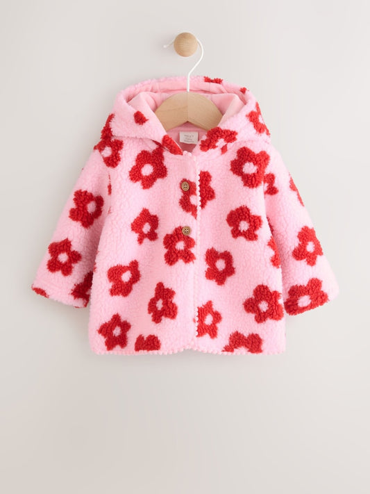 Pink Floral All Over Print Borg Hooded Baby Jacket (0mths-2yrs)