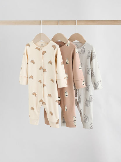 Neutral Croissant Breakfast Baby Footless Sleepsuits 3 Pack