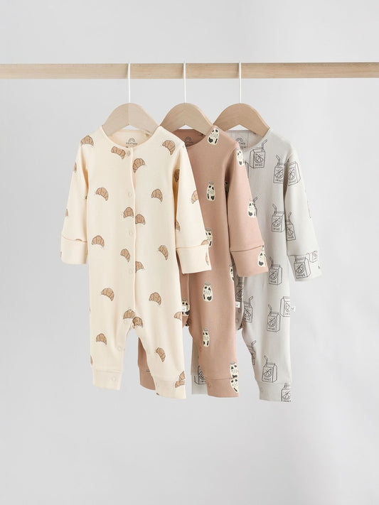 Neutral Croissant Breakfast Baby Footless Sleepsuits 3 Pack