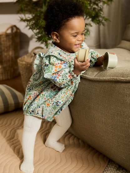 Green Floral Baby Bloomer Rompers Set 2 Piece with Tights