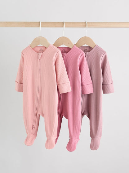 Pink 3 Pack Two Way Zip Baby Sleepsuits (0-2yrs)