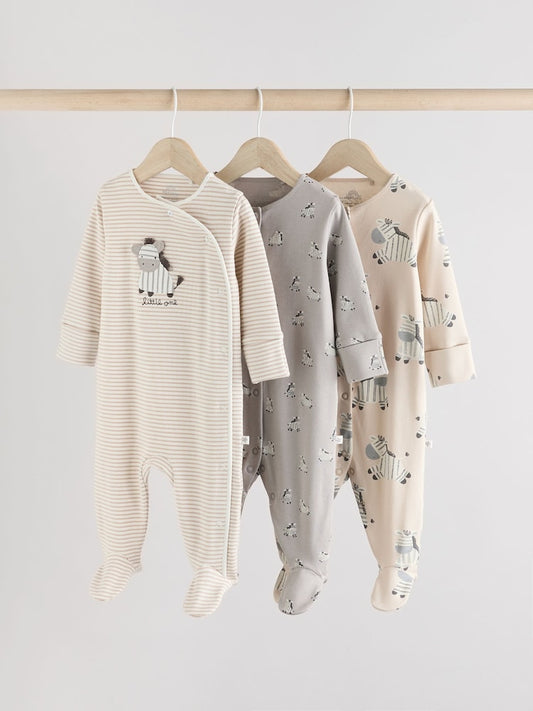Grey 3 Pack Zebra 100% Cotton Baby Sleepsuits (0-2yrs)