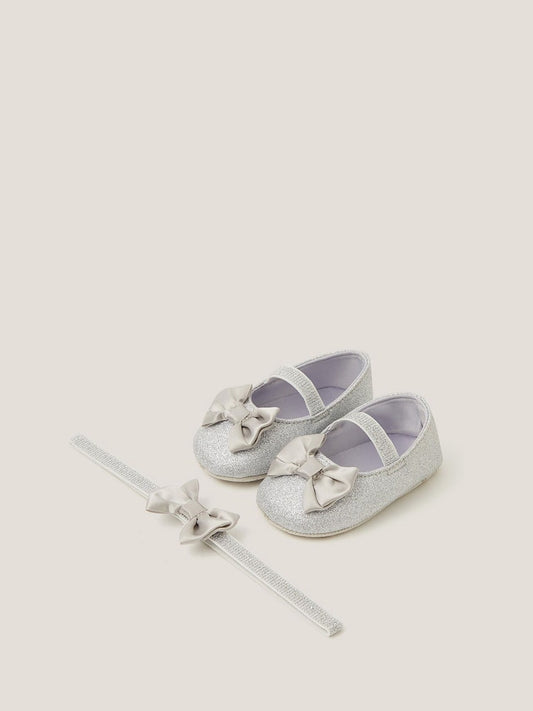 Monsoon Silver Baby Bow Glitter Booties & Headband Set