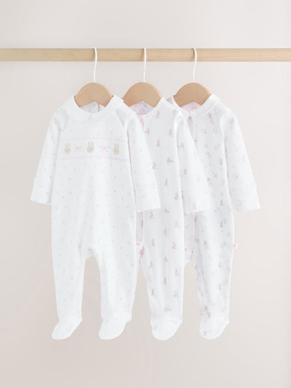 White/Pink Collar 3 Pack Baby Sleepsuits