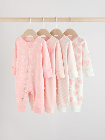 Pink Print Two Way Zip Baby Sleepsuits 4 Pack (0mths-3yrs)