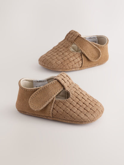 Tan Woven Suede Leather Baby T-Bar Shoes (0-24mths)
