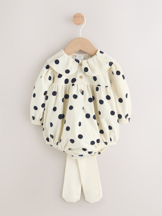 Cream/Charcoal Polka Dot Baby Bloomer Rompers Set 2 Piece with