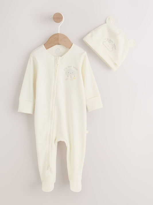 Neutral Im New Here Sleepsuit And Hat Set (0-9mths)