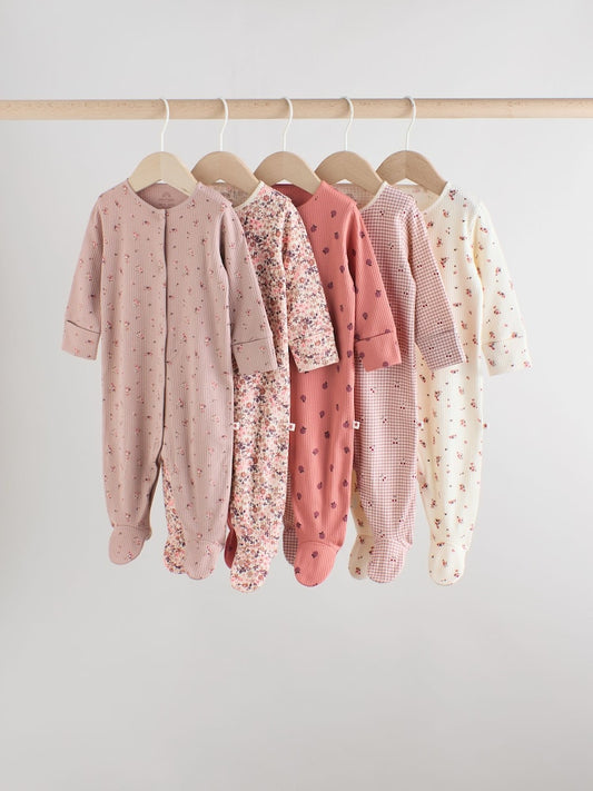 Pink/Rust Ditsy Floral 5 Pack Baby Sleepsuits (0-2yrs)