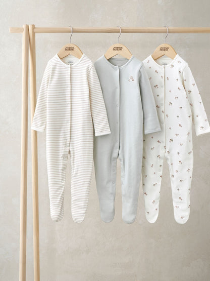 Mamas & Papas Grey Mushroom Prints 100% Cotton Sleepsuits 3 Pack