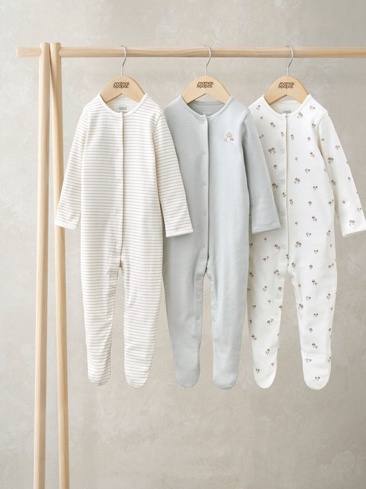 Mamas & Papas Grey Mushroom Prints 100% Cotton Sleepsuits 3 Pack