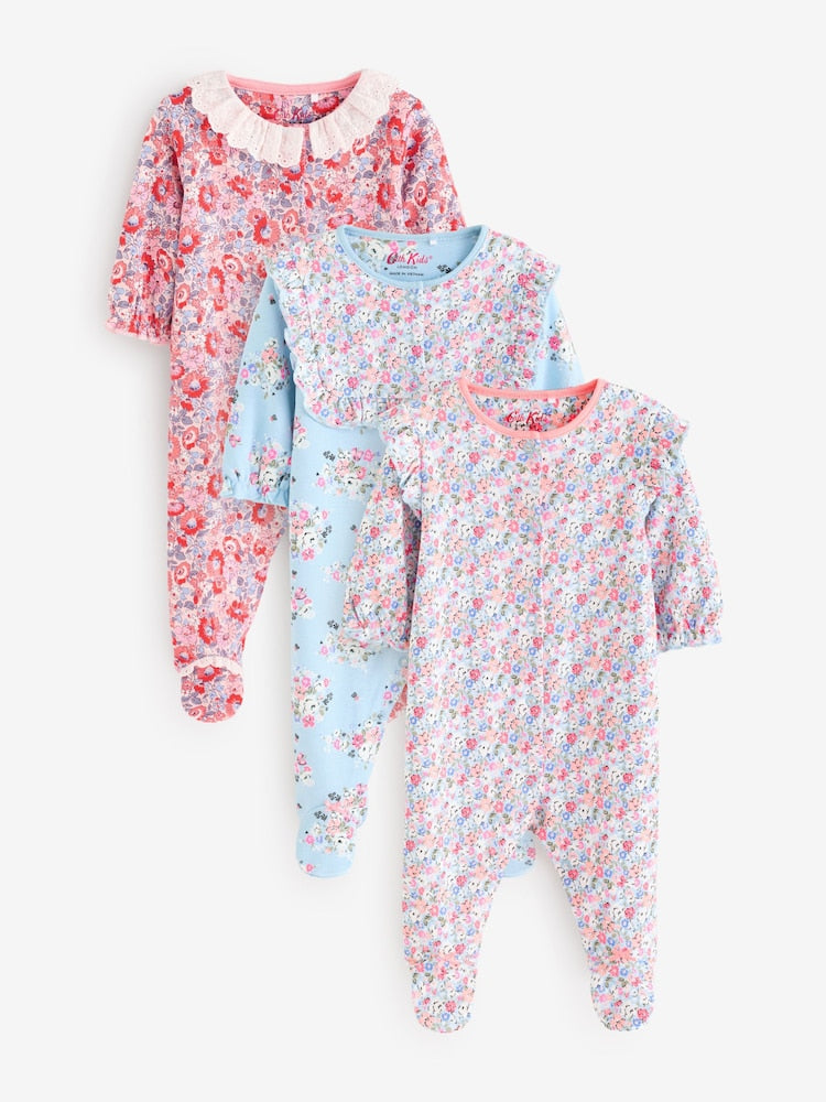 Blue Cath Kidston Floral Baby 100% Cotton Sleepsuits 3 Pack