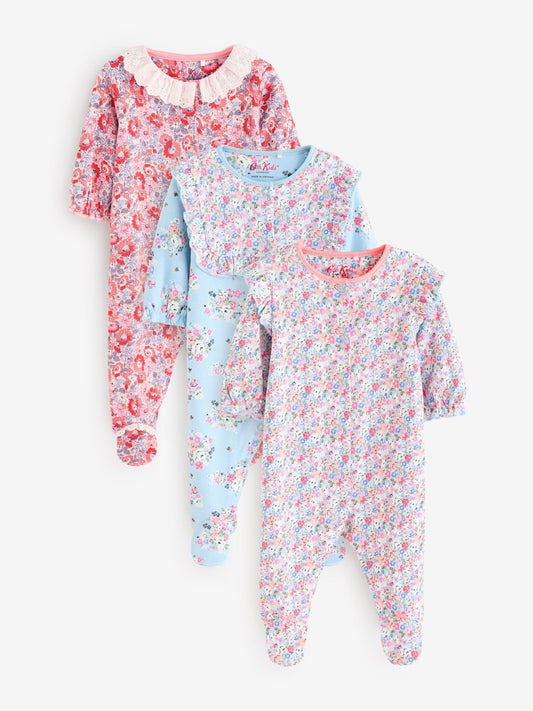 Blue Cath Kidston Floral Baby 100% Cotton Sleepsuits 3 Pack