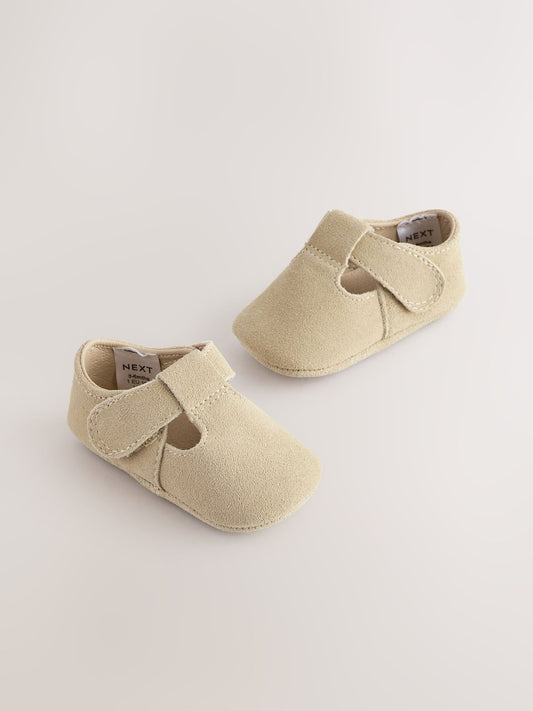 Stone Suede Leather Baby T-Bar Shoes (0-24mths)