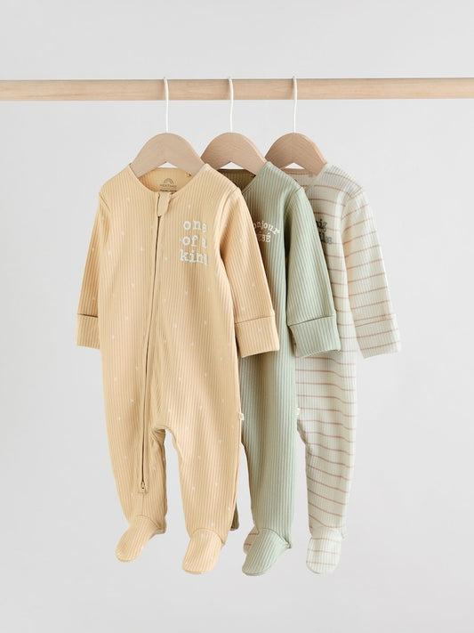 Mint Green Two Way Zip Baby Sleepsuits 3 Pack (0-2yrs)