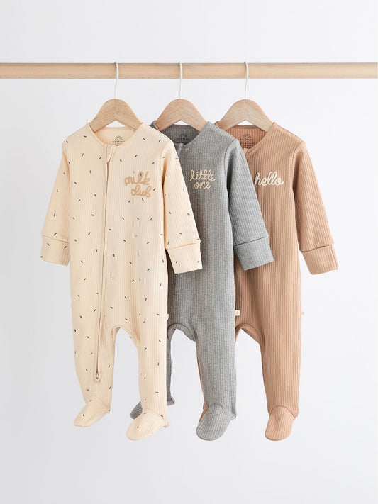 Neutral Milk Club Baby Two Way Zip 100% Cotton Sleepsuits 3 Pack (0mths-2yrs)