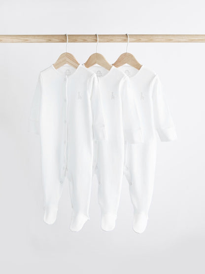 White 3 Pack 100% Cotton Baby Sleepsuits (0-18mths)
