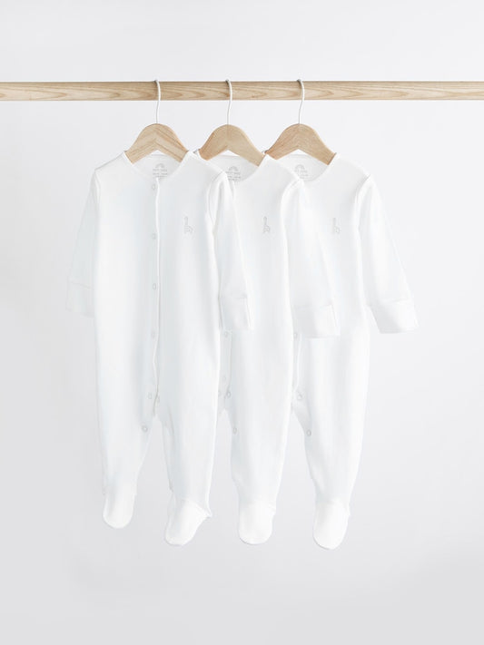 White 3 Pack 100% Cotton Baby Sleepsuits (0-18mths)