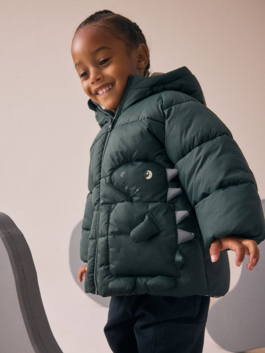 Khaki Green Dinosaur Pocket Padded Coat (3mths-7yrs)