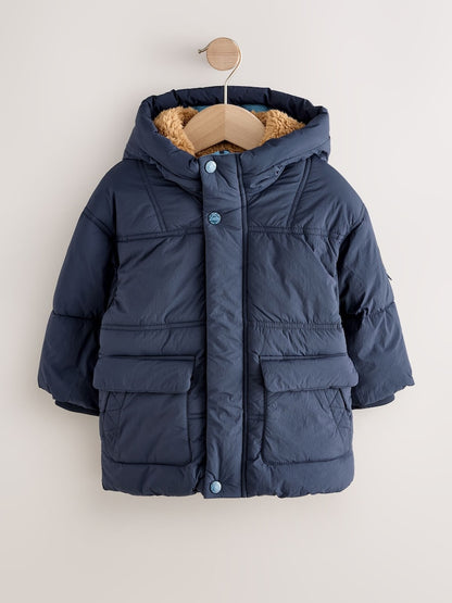 Navy Borg Lined Padded Shower Resistant Coat (3mths-7yrs)