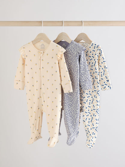 Blue Cherry Two Way Zip Sleepsuits 3 Pack (0-2yrs)