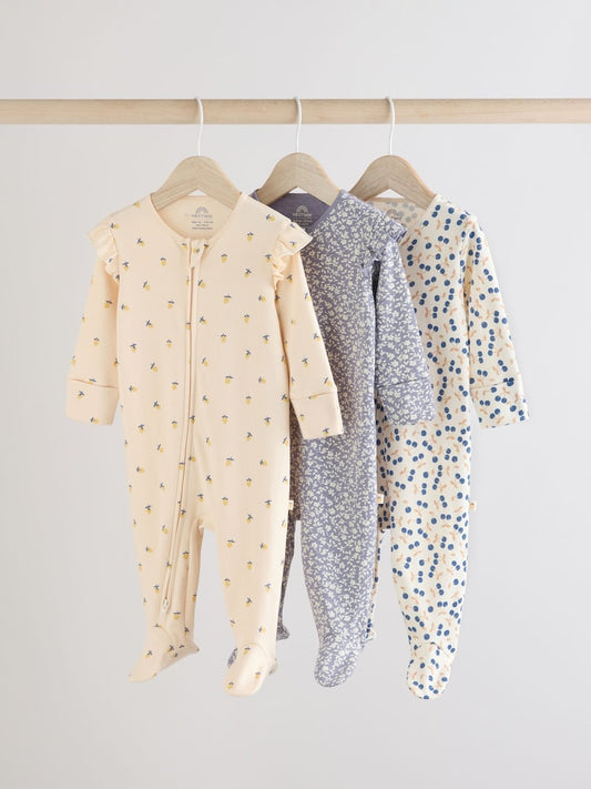 Blue Cherry Two Way Zip Sleepsuits 3 Pack (0-2yrs)