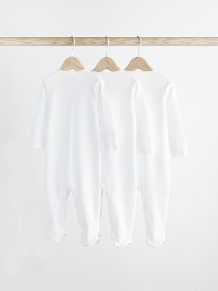 White 3 Pack 100% Cotton Baby Sleepsuits (0-18mths)