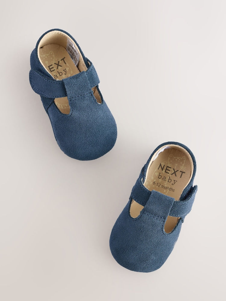 Navy Suede Leather Baby T-Bar Shoes (0-24mths)