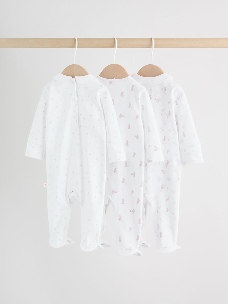 White/Pink Collar 3 Pack Baby Sleepsuits