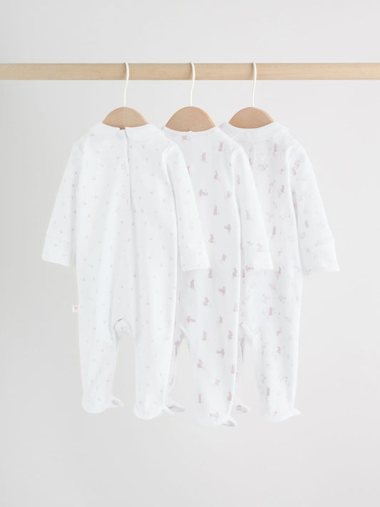 White/Pink Collar 3 Pack Baby Sleepsuits