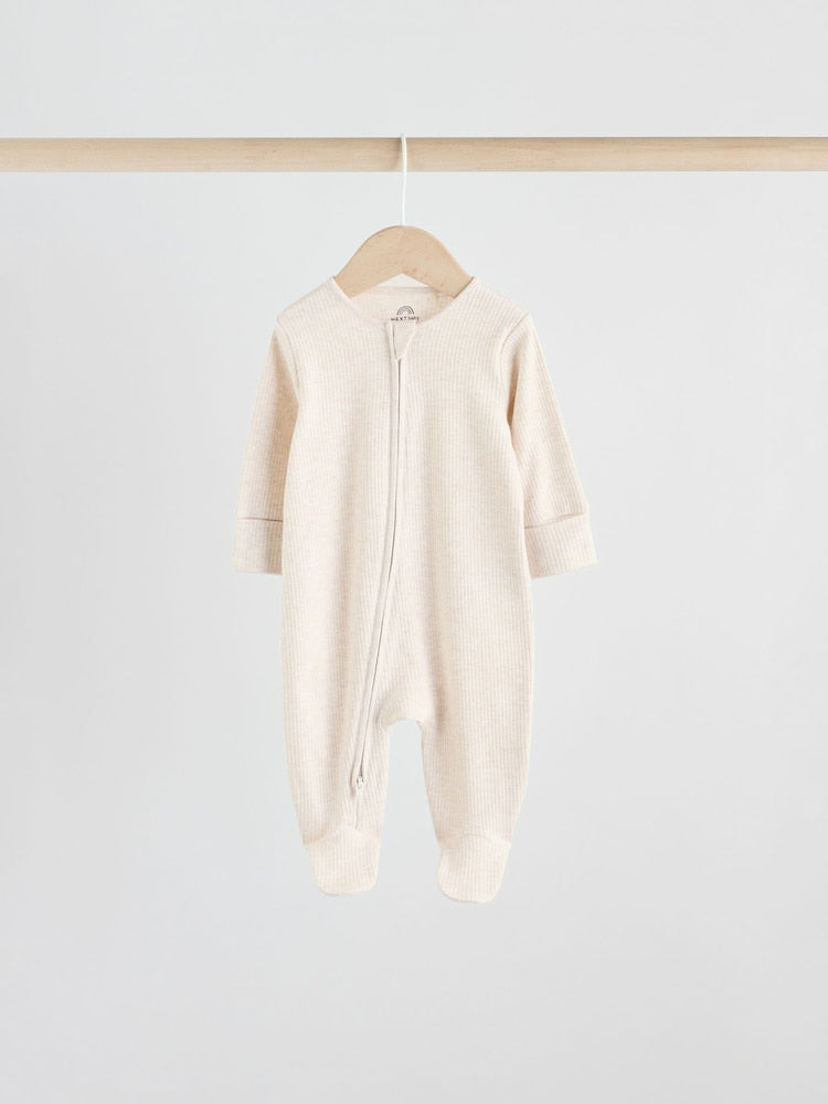 Neutral 5 Pack Two Way Zip Footed Baby Sleepsuits (0-2yrs)
