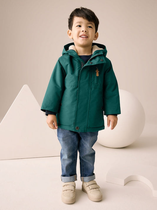 Forest Green Waterproof Borg Lined Parka Coat (3mths-7yrs)