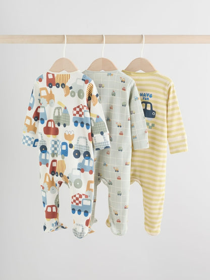 Multi Transport Two Way Zip Baby Sleepsuits 3 Pack (0mths-2yrs)