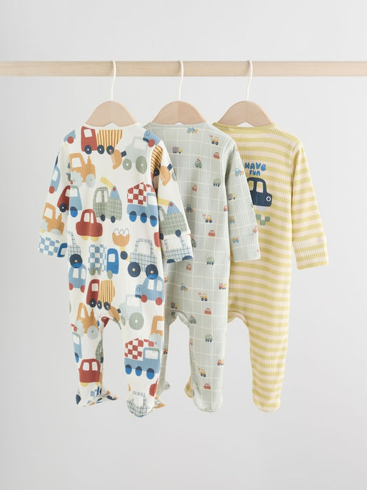 Multi Transport Two Way Zip Baby Sleepsuits 3 Pack (0mths-2yrs)
