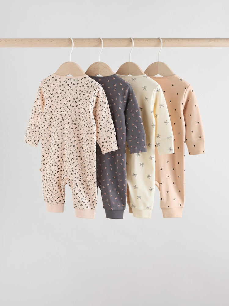 Monochrome Leopard And Cherry Print Two Way Zip Baby Sleepsuits 4 Pack (0mths-3yrs)